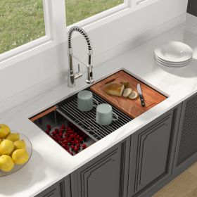 33inch Undermount Gunmetal Black Single Bowl Workstation Stainless Steel Kitchen Sink  With Bottom Grid, Basket Drain, Roll-Up Drying Rack