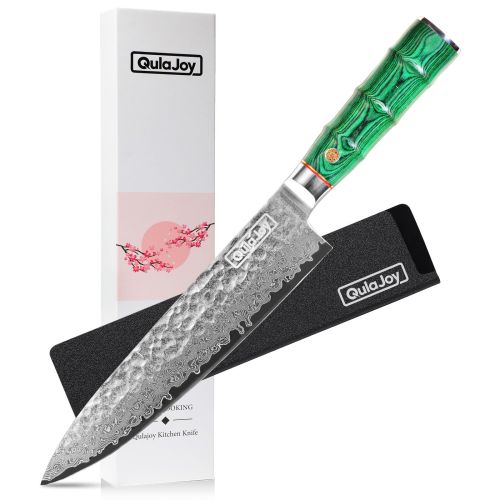 Qulajoy 8 Inch Japanese Chef Knife,67 Layers Damascus VG-10 Steel Core,Professional Hammered Kitchen Knife,Handcrafted With Ergonomic Bamboo Shape Han