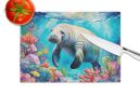 Manatee and Coral Reefs Glass Cutting Board Decorative Tempered Glass Kitchen Cutting and Serving Board Large Size Chopping Board